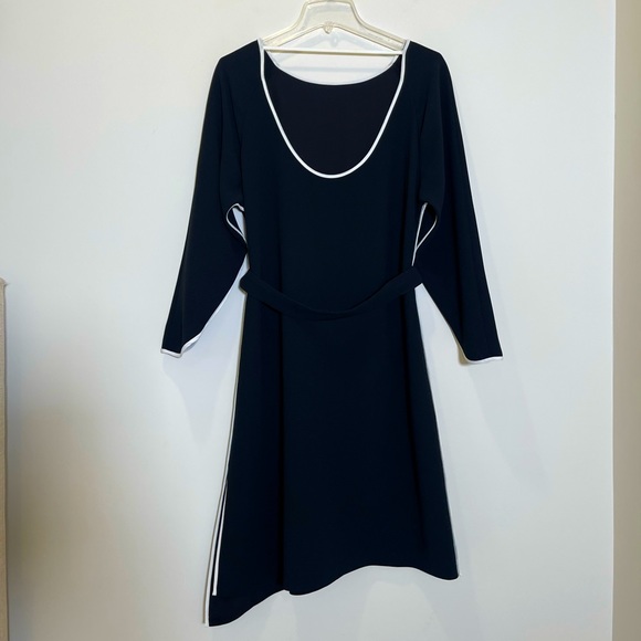 REISS Agnes Piping Detail Dress Size 8 Black Contrast Trim Asymmetric Hem - Picture 3 of 9